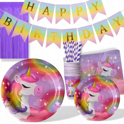Fargerik Enhjørning Bordpakke med Glittergardin