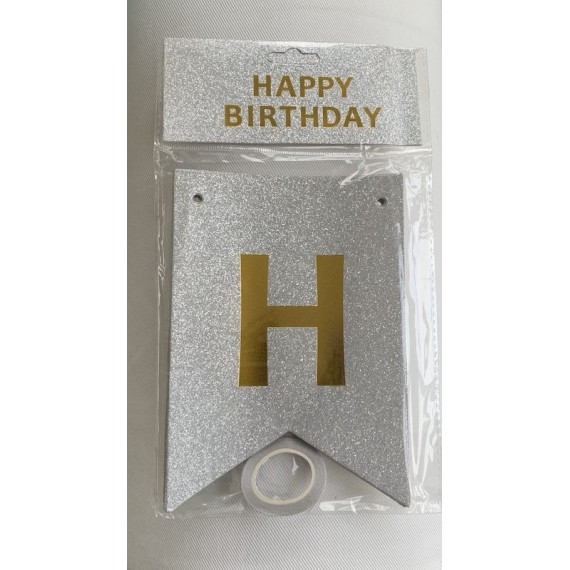 Glitter Happy Birthday Banner, Sølv