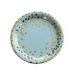 Blå Papptallerkener med Gullprikker, 18 cm