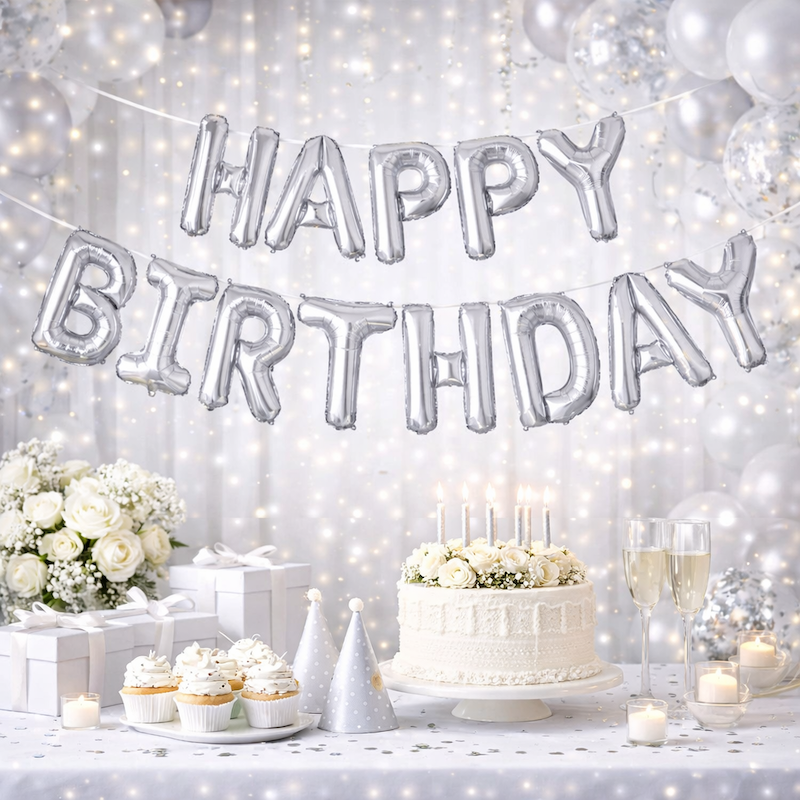 Sølv Happy Birthday Foliebanner
