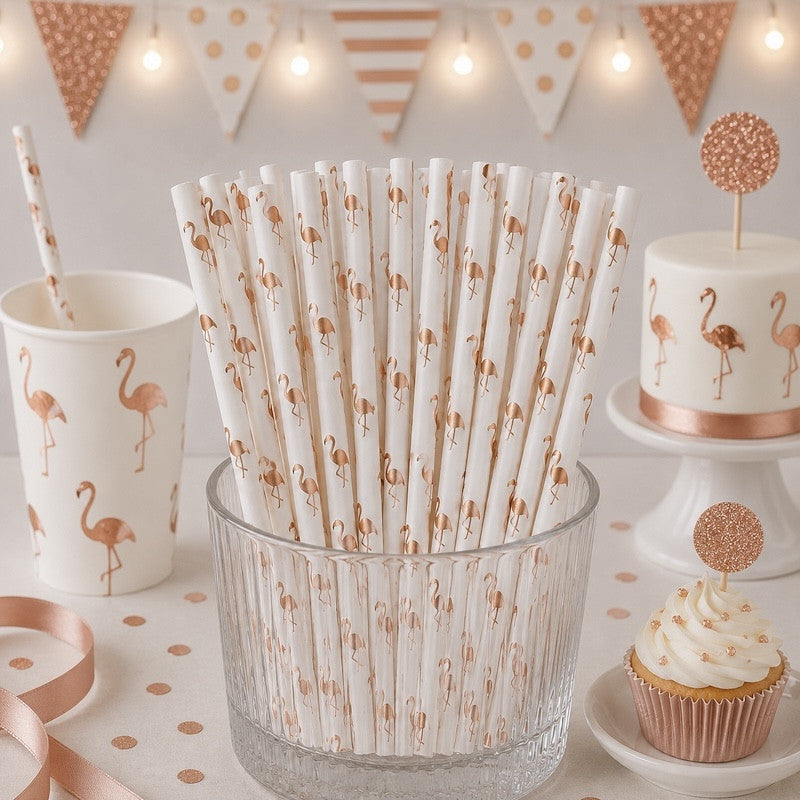 Hvite Sugerør med Rose Gold Flamingoer