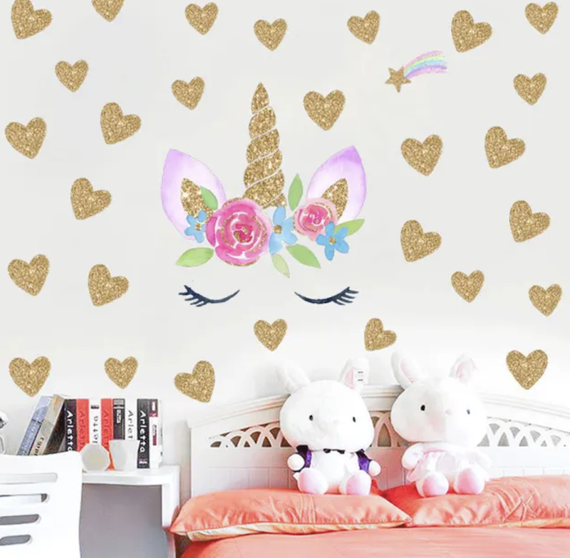 Enhjørning Wallsticker Gullhjerter