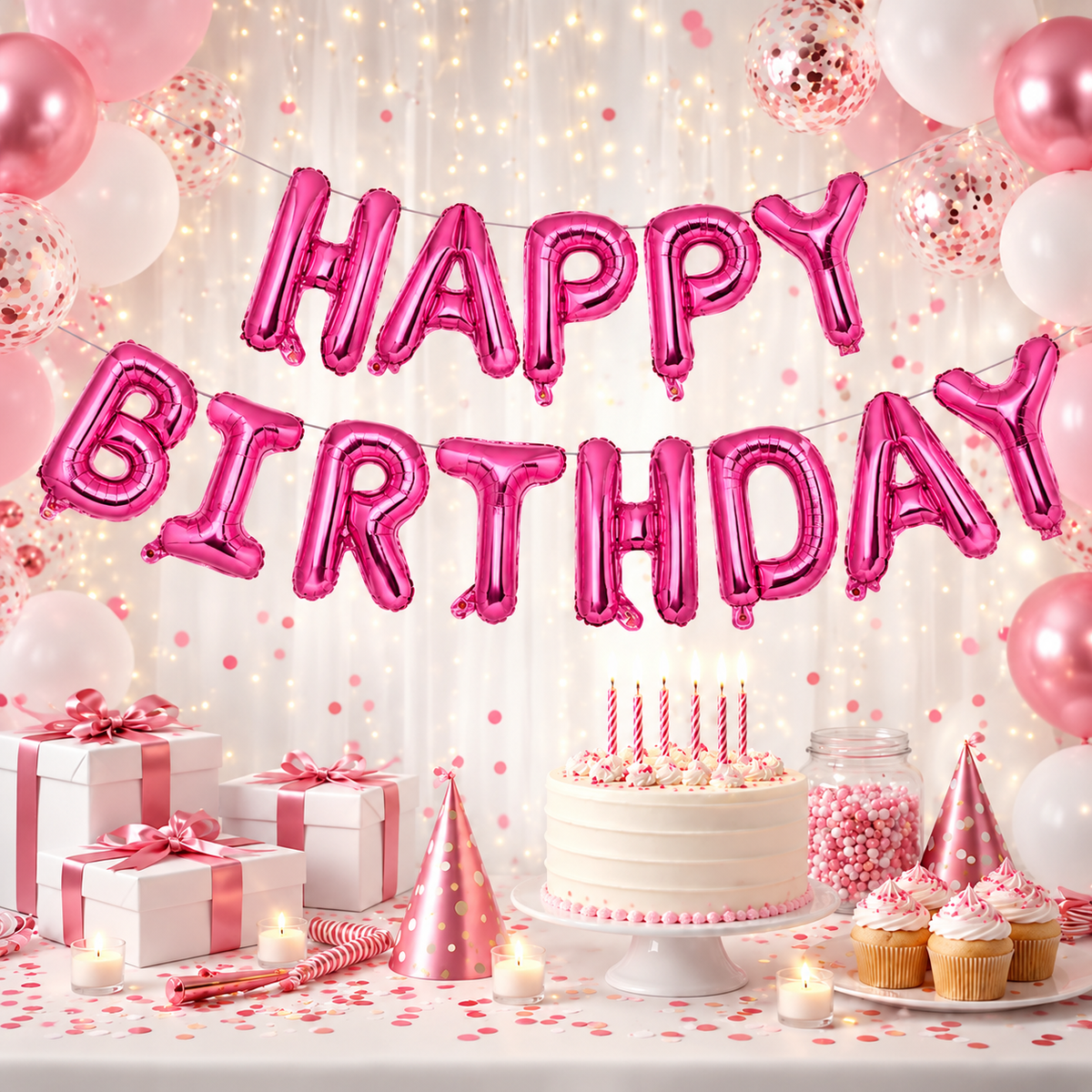 Mørkerosa Happy Birthday Foliebanner