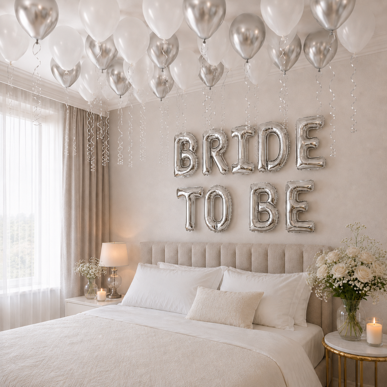 Bride to Be foliebanner med 30 ballonger – hvit og sølv