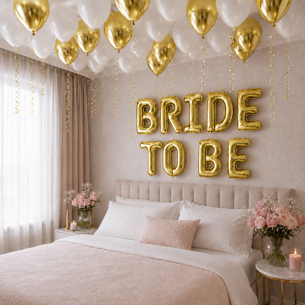 Bride to Be foliebanner med 30 ballonger – gull og hvit