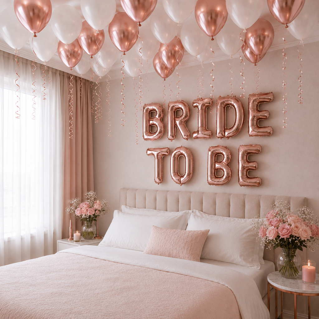 Bride to Be foliebanner med 30 ballonger – rose gold og hvit