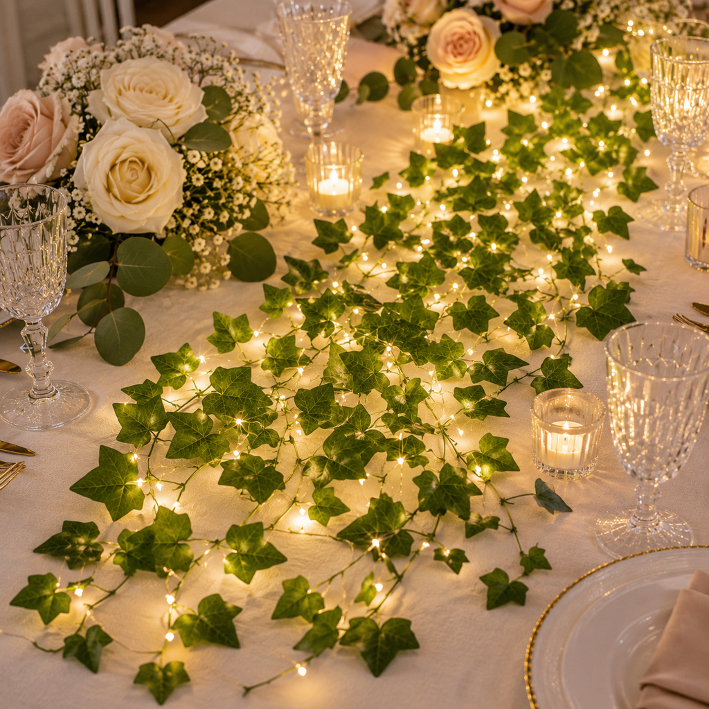12 Eføy Silkeremser med Lyslenke