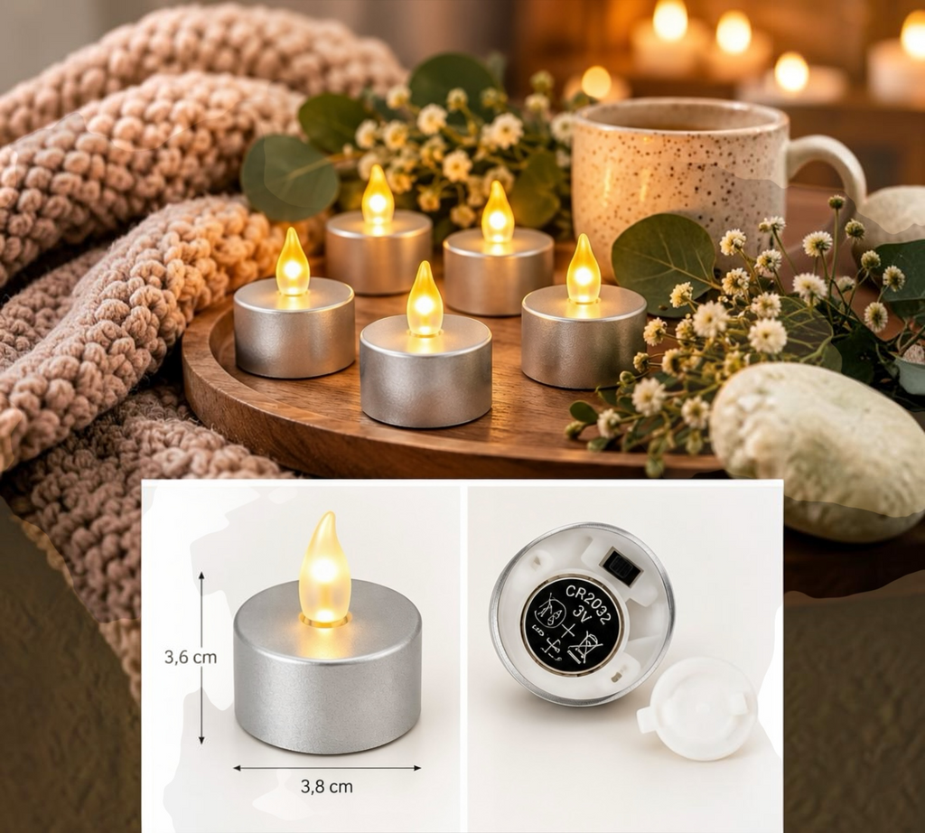 LED-telys med flammelignende lys – Sølv, 12 stk