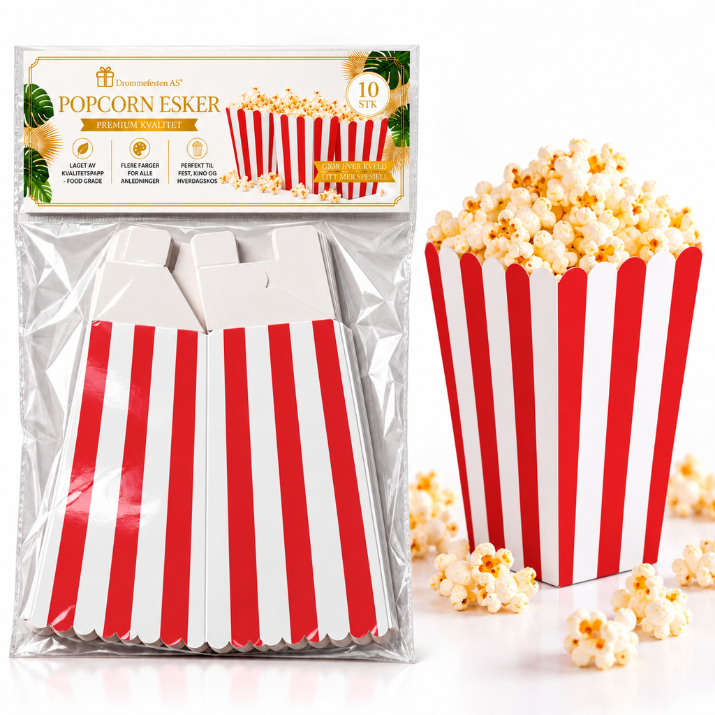 Røde og hvite popkornbegre - 10 stk