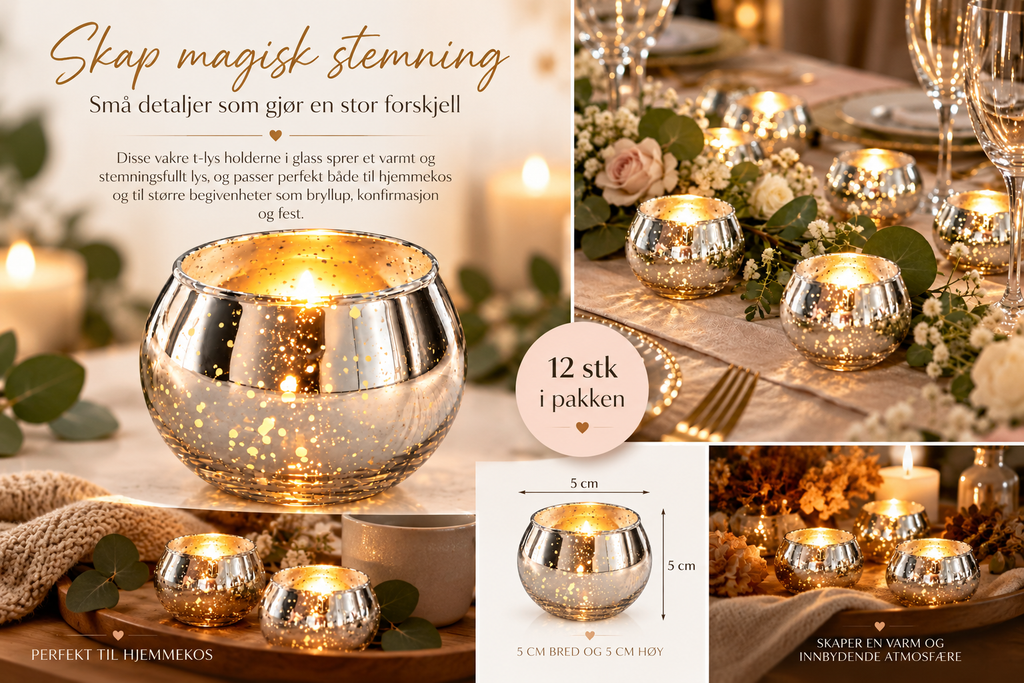 Telysholdere i sølvfarget glass – 12 stk
