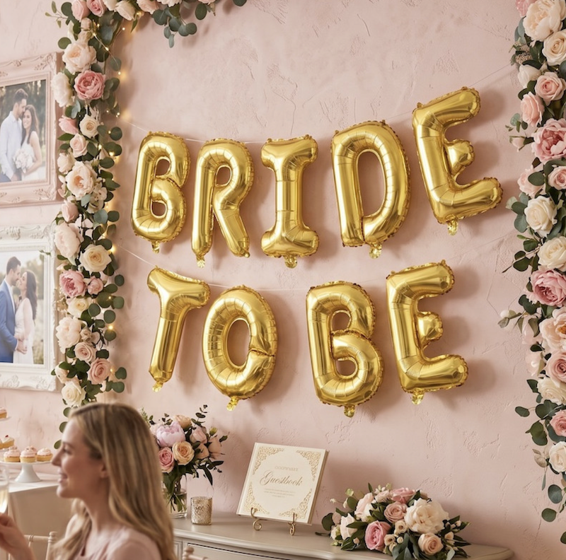 Bride to Be foliebanner med 30 ballonger – gull og hvit