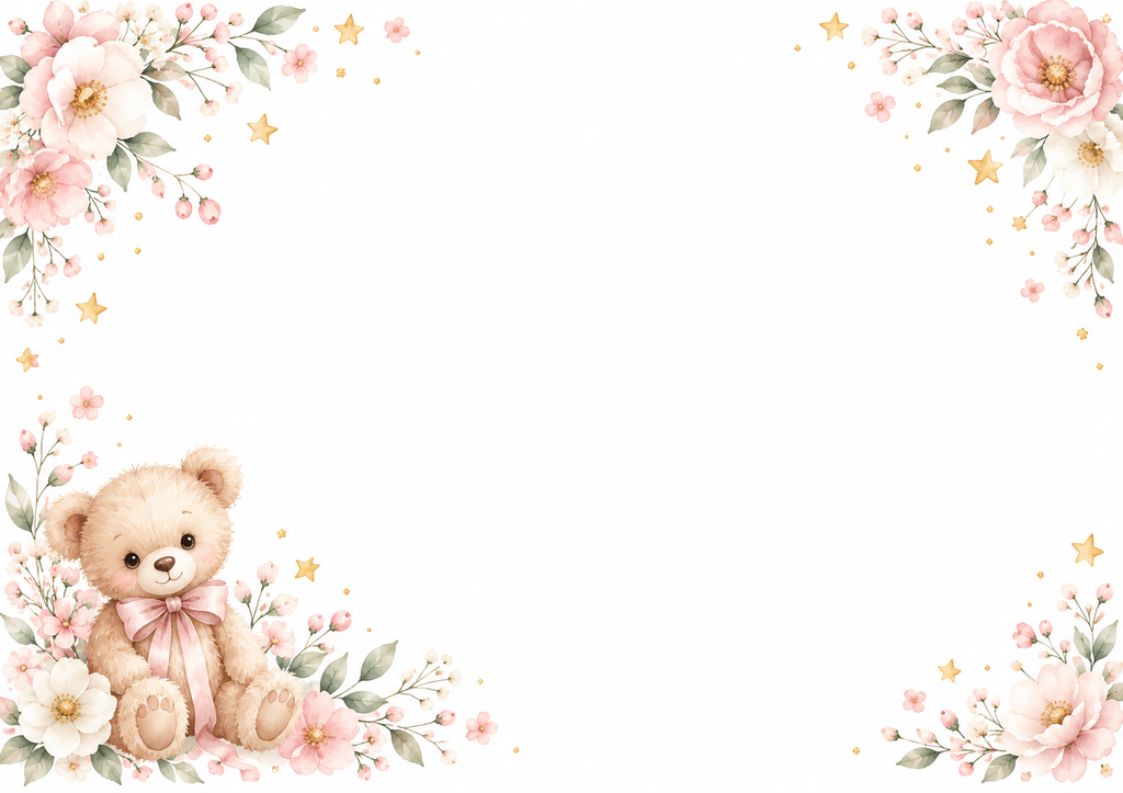 Motivmal: Barnedåp jente – bamse og blomster